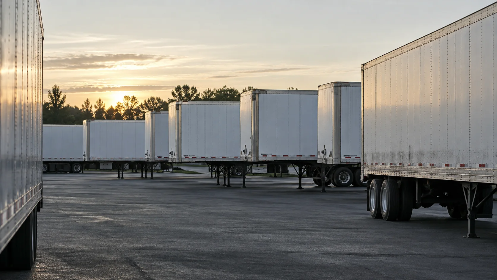 Illustrative photograph of dry van trailers lined up in a freight yard