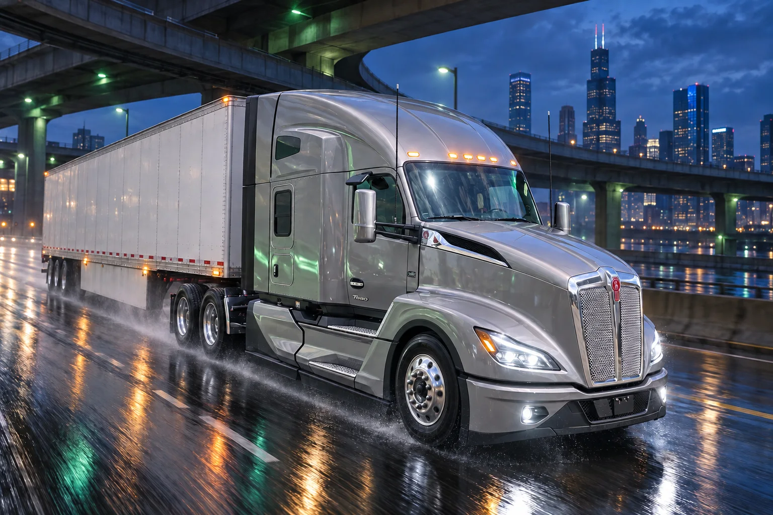Illustrative 2026 Kenworth T680 hauling a dry van through a rain-soaked city at blue hour